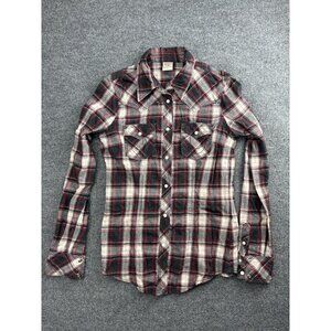 True Religion Shirt Mens Medium Red Black White Plaid Flannel Western Pearl Snap